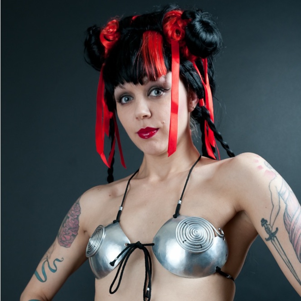 Silver Metal Disc Bikini Top with Tie Straps - Women Cyberpunk